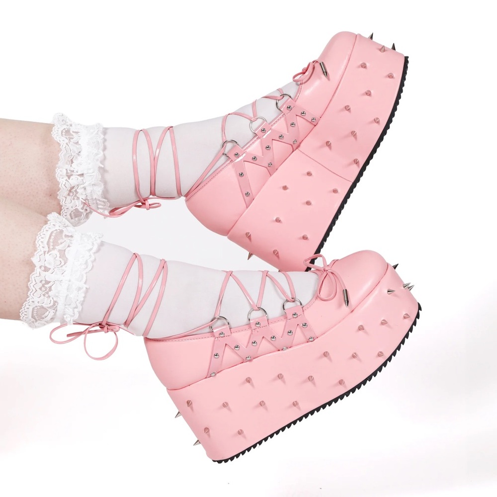 KOI FOOTWEAR Zorina Faux Leather Lace Up Spiked Platform Ballet Shoes Pink 7